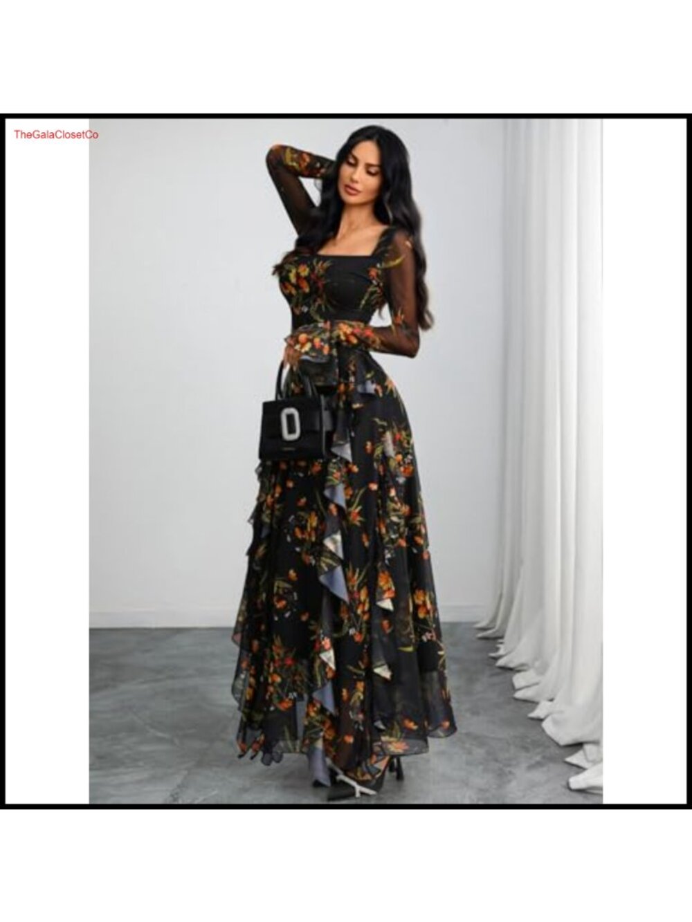 Women's Floral Maxi Dress Long Sleeve Square Neck Ruffle Formal Party - Picture 3 of 6